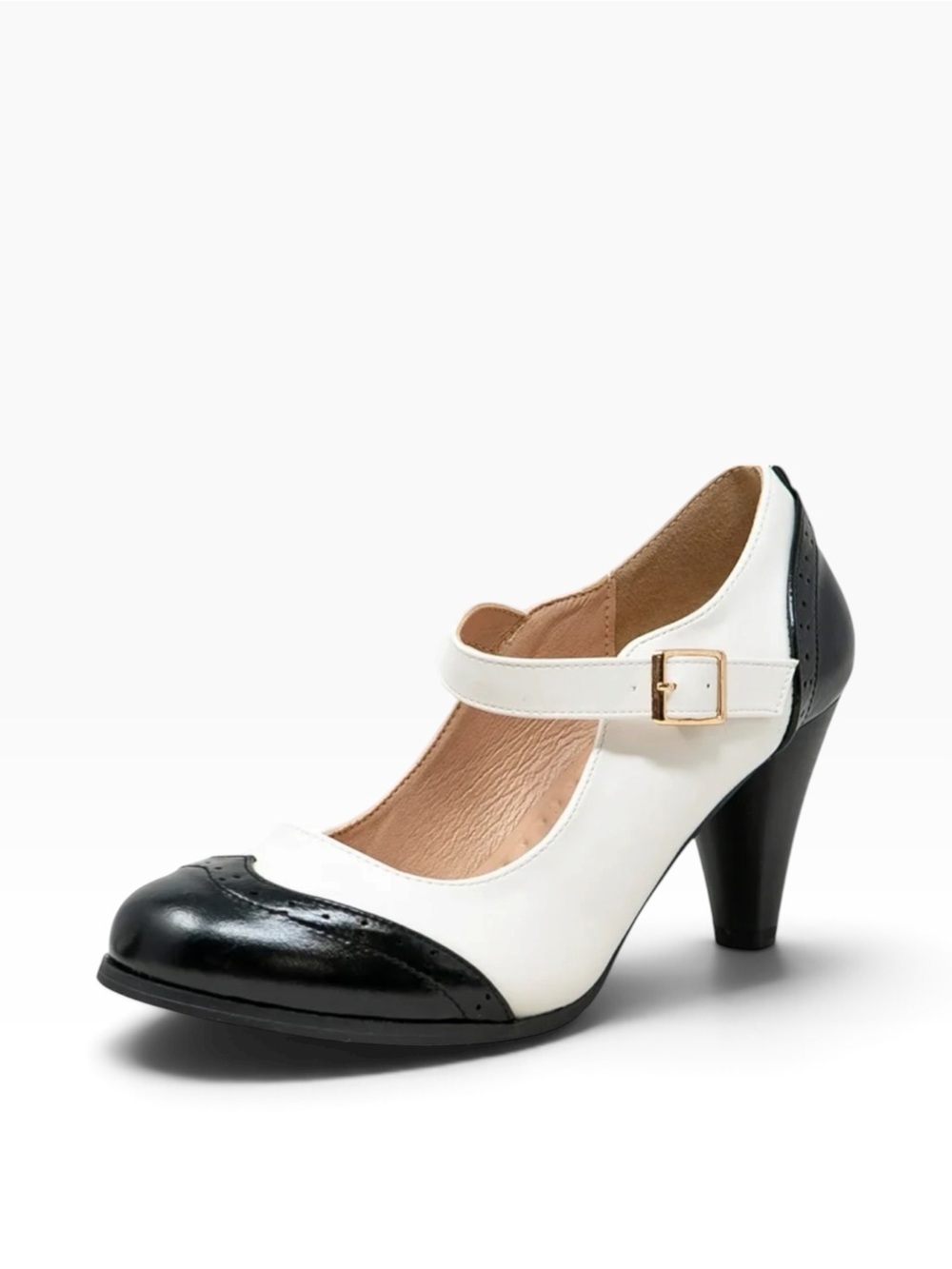 Chase & Chloe Women's Vintage Mary Jane Pumps with Wingtip and Mid-Heel